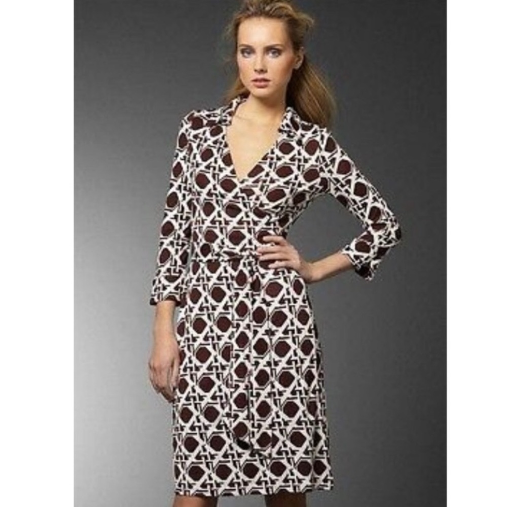 Diane Von Furstenberg Brown and White Wrap Dress